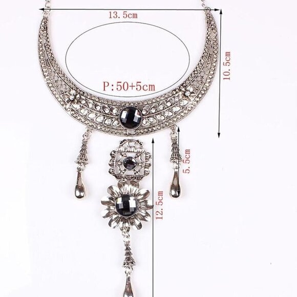 Victorian Style Floral Rhinestone Silver Tone Dangling Collar Necklace - Picture 10 of 10